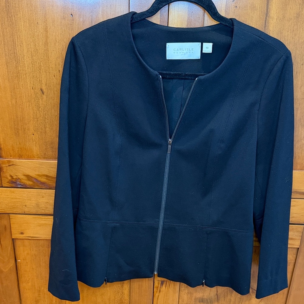 Carlisle New York Elegant Minimalist Monochrome Black Zip-Up Blazer Jacket, 10